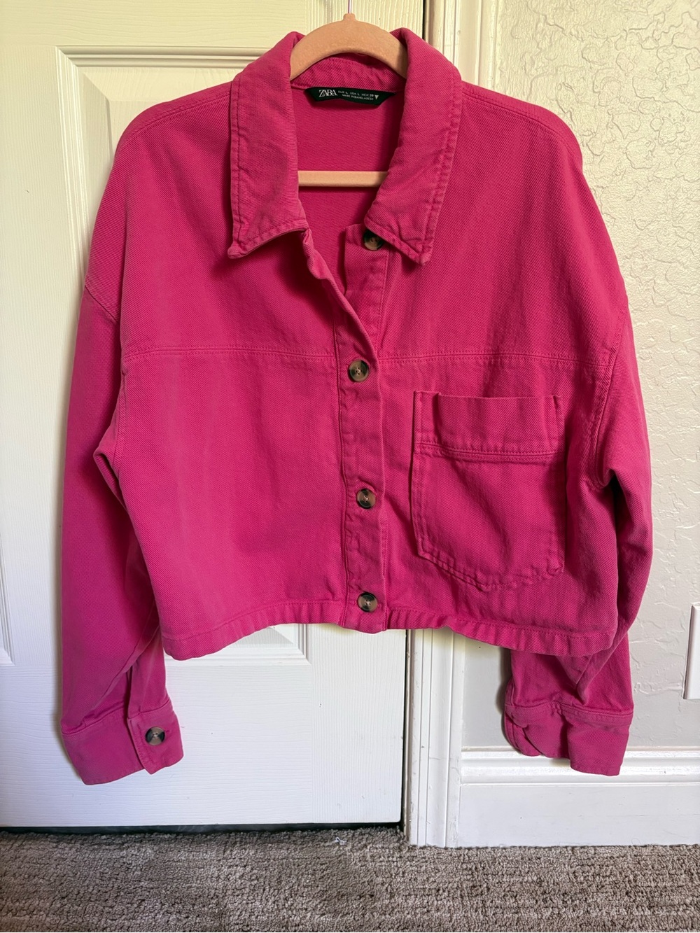 Zara Hot Pink Cropped Button-Front Jean Jacket